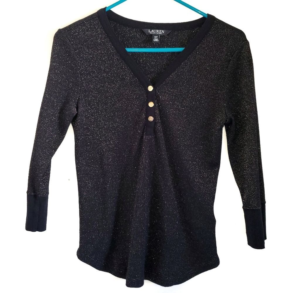 Lauren Ralph Lauren Metallic Waffle Knit Henley Top Black Gold Shimmer S